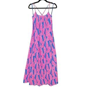 Vineyard Vines Size 00 Pink Blue Palm Print Maxi Dress Cross Strap Linen Blend